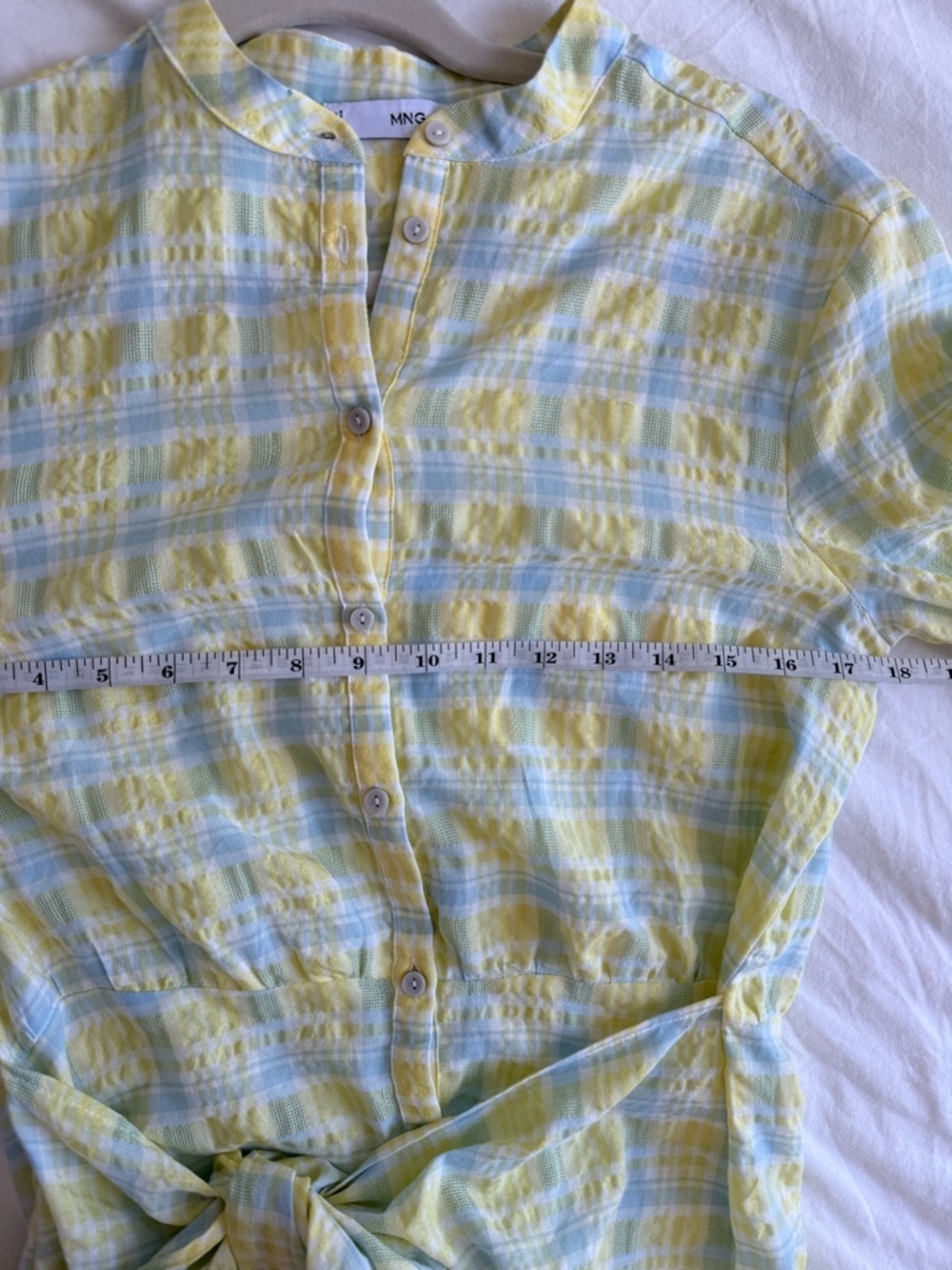 Mango MNG Yellow Blue Plaid Tie Waist Mini Dress Size 4 Cotton Blend - Picture 5 of 8